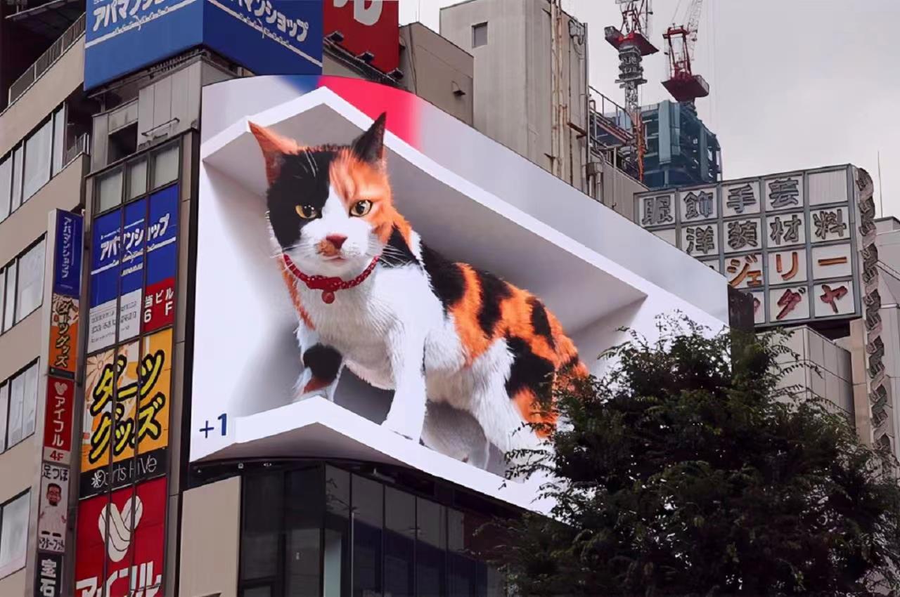 Giant cat on naked eye 3D screen